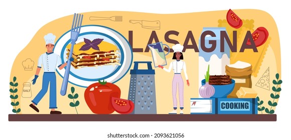 Lasagna typographic header. Italian delicious cuisine on the plate. People cooking cheese and meat meal for dinner or lunch. Isolated flat vector illustration