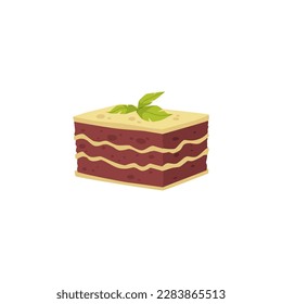 Lasagne bolognese, cartoon flat vector illustration isolated on white background. Traditional Italian cuisine. Restaurant menu design element. Lasagna portion, delicious Italian food.