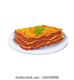 Lasagne, Italian food vector illustration. Cartoon glass plate with meal of layers of lasagna pasta, mozzarella cheese and ragu or bolognese sauce from minced meat and tomato, isolated dish from Italy