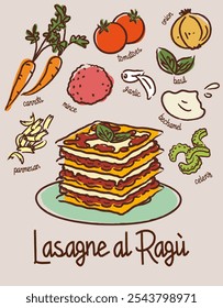 Lasagne with ragù sauce vector illustration poster