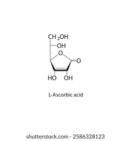 L-Ascorbic acid skeletal structure.Vitamin compound schematic illustration. Simple diagram, chemical formula.