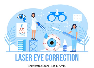 Lase eye correction concept vector. Eye doctor concept for health care banner. Glaucoma treatment concept vector. Medical ophthalmologist eyesight check up with tiny people.