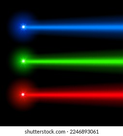 Laser beam blue green red light. Vector laser beam line ray glow effect energy