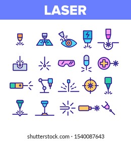 Laser Beam Collection Elements Icons Set Vector Thin Line. Optical Equipment And Technology Laser, Eye Protective Glasses And Target Concept Linear Pictograms. Color Contour Illustrations