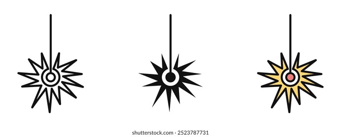 LASER beam icons set, set of three editable laser beam icons, laser beam icon in black and white silhouette and in editable colored beam.