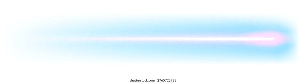 Laser beam on white background, moving light streak ray, glowing comet light flare, vector illustration.