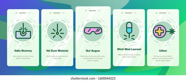 Laser Beam Onboarding Mobile App Page Screen Vector. Optical Equipment And Technology Laser, Eye Protective Glasses And Target Illustrations