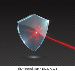 Laser beam with shield isolated on transparent background. Abstract red shine light ray, glow lazer flash effect and blue acrylic glass panel. Vector technology power protect icon