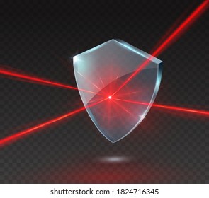 Laser beam with shield isolated on transparent background. Abstract red shine light ray, glow lazer flash effect and blue acrylic glass panel. Vector technology power protect icon