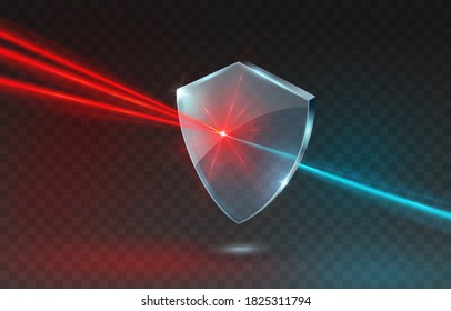 Laser beam with shield isolated on transparent background. Abstract red shine light ray, glow lazer flash effect and blue acrylic glass panel. Vector technology power protect icon