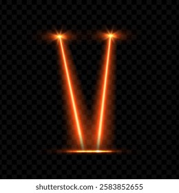 Laser beam. Vector orange neon double beams with flashes. Light effect with bright glow. Futuristic design for entertainment themes. Isolated dark transparent background. Illustration.