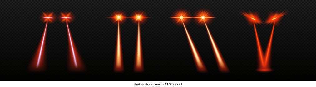 Laser beams from eyes set. Dangerous red light ferocious halloween evil and robot monsters with devil rays scary vector creatures