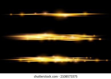 Laser beams, glow yellow line on black background, beautiful light flare, bright gold glare, horizontal light rays, flash yellow horizontal lens flares pack, vector illustration, eps 10.