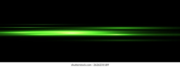 Feixes de laser e conjunto de luz horizontal verde. Efeitos de Flash brilhante com linhas de velocidade, rajadas de luz e listras brilhantes no fundo transparente para ilustração digital ou futurista