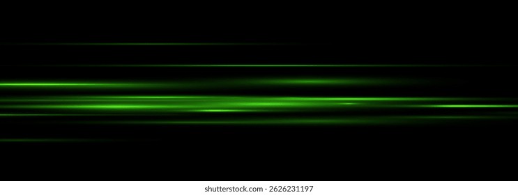 Feixes de laser e conjunto de luz horizontal verde. Efeitos de Flash brilhante com linhas de velocidade, rajadas de luz e listras brilhantes no fundo transparente para ilustração digital ou futurista