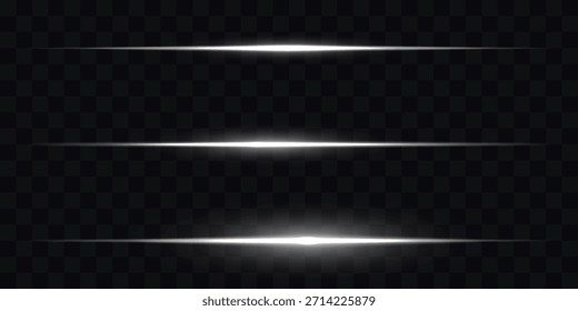 Laser beams, horizontal beams. A beautiful flash of light and sparks. Glowing horizontal stripes.Set of white rays.Abstract sparkling dark background.Vector illustration. Beautiful light reflections.
