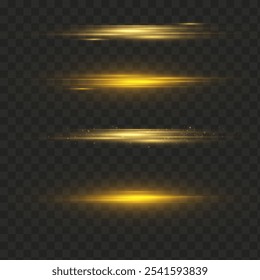 Feixes laser, feixes de luz horizontal. Belas bolsas leves. Listras brilhantes em um fundo claro.Pacote objetivo horizontal dourado. Efeito de coleção png linha ouro claro.