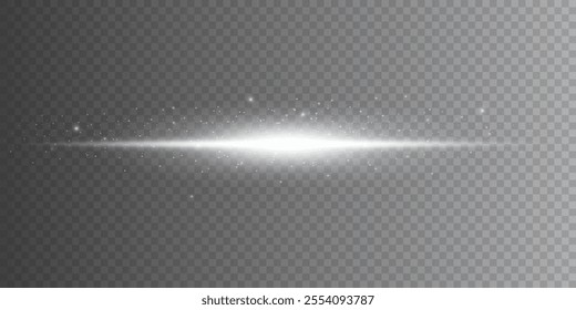 Laser beams, horizontal light figure. Neon light small dust particles. Beautiful light highlights. Transparent background.