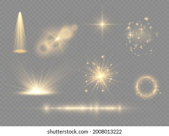 Laser beams, horizontal light rays. Collection yellow light effect on a transparent background. Spotlights, flare, explosion and stars. Sparkling yellow dust. Vector illustration, eps 10.