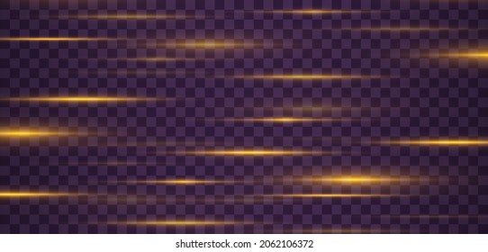 Laser beams, horizontal light rays. Beautiful light flares. Yellow horizontal lens flares pack. Glowing streaks on dark background. Beautiful light flares.