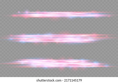 Laser beams, horizontal light rays. Beautiful glow glow and spark. Red and blue special effect. Particle motion effect. Glowing abstract glittering police line. Magic of moving fast lines. Vector.