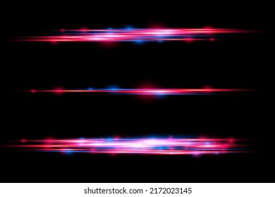 Laser beams, horizontal light rays. Beautiful glow glow and spark. Red and blue special effect. Particle motion effect. Glowing abstract glittering police line. Magic of moving fast lines. Vector.