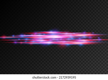 Laser beams, horizontal light rays. Beautiful glow glow and spark. Red and blue special effect. Particle motion effect. Glowing abstract glittering police line. Magic of moving fast lines. Vector.