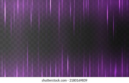 Laser beams, horizontal light rays isolated on transparent background. Purple horizontal rays, lens, lines, laser beams. Glowing streaks motion, light rays with sparks. Vector illustration, eps 10.