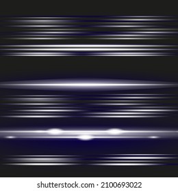 Laser beams, horizontal light rays.Beautiful light flares. Glowing streaks on dark background. Luminous abstract sparkling lined background.Glare