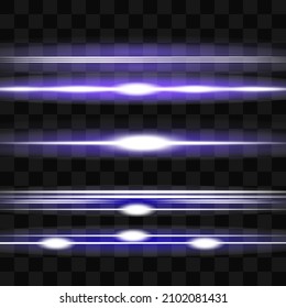 Vigas láser, rayos de luz horizontales. Bellas llamaradas. Rasgos brillantes sobre fondo oscuro. Luminoso fondo resplandeciente abstracto.