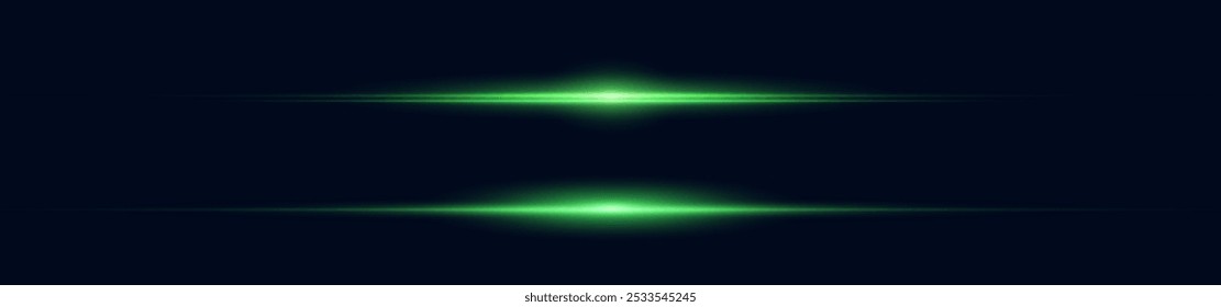 Laser beams, horizontal rays of light, green line.