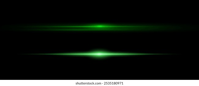 Laser beams, horizontal rays of light, green line.