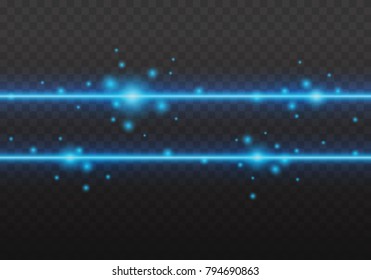 Laser beams isolated on transparent background. Abstract blue shine light rays with sparkles. Vector turquoise neon power line effect for your design.