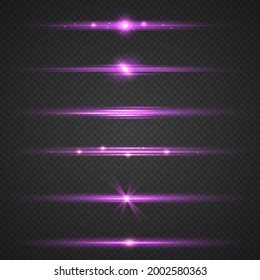 Laser beams, light rays. Set of abstract lens flares, glowing stars and sparkles. Purple horizontal lens flares pack isolated on transparent background. Vector illustration, eps 10.