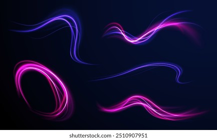 Feixes de laser luminoso abstrato cintilante isolado em um fundo transparente. Aceleração de movimento em estrada noturna. Luz e listras movendo-se rapidamente sobre fundo escuro.