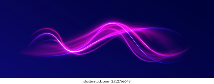 Feixes de laser luminoso abstrato cintilante isolado em um fundo transparente. Aceleração de movimento em estrada noturna. Luz e listras movendo-se rapidamente sobre fundo escuro.