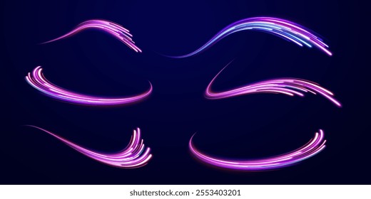 Laser beams luminous abstract sparkling isolated on a transparent background.  Abstract background in blue and purple neon glow colors. Png, lens, light, neon, line, blur, beam, ray.