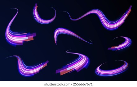 Laser beams luminous abstract sparkling isolated on a transparent background.  Abstract background in blue and purple neon glow colors. Png, lens, light, neon, line, blur, beam, ray.