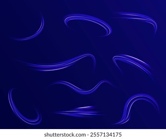 Laser beams luminous abstract sparkling isolated on a transparent background.  Abstract background in blue and purple neon glow colors. Png, lens, light, neon, line, blur, beam, ray.