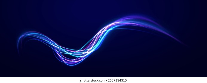 Laser beams luminous abstract sparkling isolated on a transparent background.  Abstract background in blue and purple neon glow colors. Png, lens, light, neon, line, blur, beam, ray.