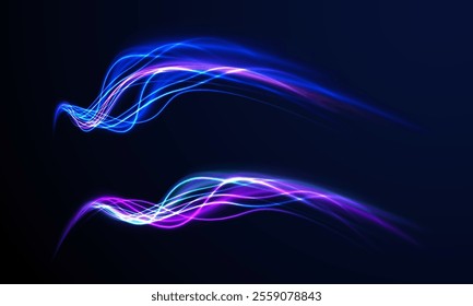 Laser beams luminous abstract sparkling isolated on a transparent background.  Abstract background in blue and purple neon glow colors. Png, lens, light, neon, line, blur, beam, ray.