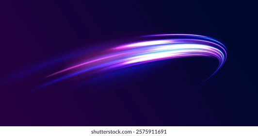 Laser beams luminous abstract sparkling isolated on a transparent background.  Abstract background in blue and purple neon glow colors. Png, lens, light, neon, line, blur, beam, ray.