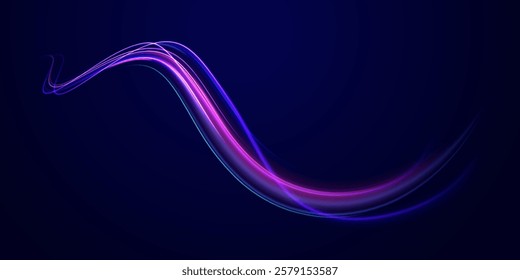 Laser beams luminous abstract sparkling isolated on a transparent background.  Abstract background in blue and purple neon glow colors. Png, lens, light, neon, line, blur, beam, ray.