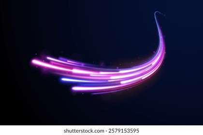 Laser beams luminous abstract sparkling isolated on a transparent background.  Abstract background in blue and purple neon glow colors. Png, lens, light, neon, line, blur, beam, ray.