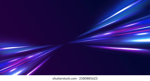 Laser beams luminous abstract sparkling isolated on a transparent background.  Abstract background in blue and purple neon glow colors. Png, lens, light, neon, line, blur, beam, ray.