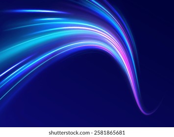 Laser beams luminous abstract sparkling isolated on a transparent background.  Abstract background in blue and purple neon glow colors. Png, lens, light, neon, line, blur, beam, ray.