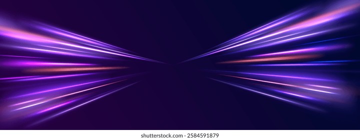 Laser beams luminous abstract sparkling isolated on a transparent background.  Abstract background in blue and purple neon glow colors. Png, lens, light, neon, line, blur, beam, ray.