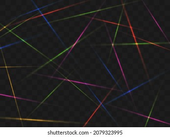 Laser beams on a transparent background. Multi-colored rays of light, magic glow. Create a template for your banner, poster, and greeting cards. Vector illustration