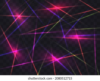 Laser beams on a transparent background. Multi-colored rays of light, magic glow. Create a template for your banner, poster, and greeting cards. Vector illustration