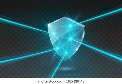 Laser Beams With Protection Shield Isolated On Transparent Background. Abstract Blue Shine Light Rays, Glow Lazer Flash Effect And Glass Panel. Vector Cyber Technology Protect Icon